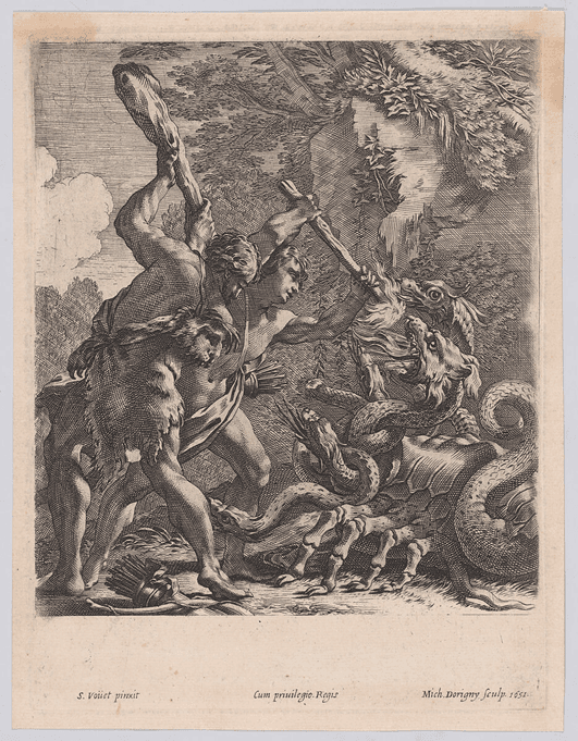 “Hercules and the Hydra,” 1651 by Michel Dorigny after Simon Vouet. Metropolitan Museum of Art, New York. (Public Domain)