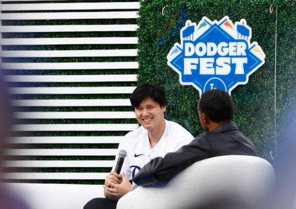 Shohei Ohtani (17) of the Los Angeles Dodgers during DodgerFest at Dodger Stadium in Los Angeles on Feb. 3, 2024. (Ronald Martinez/Getty Images)