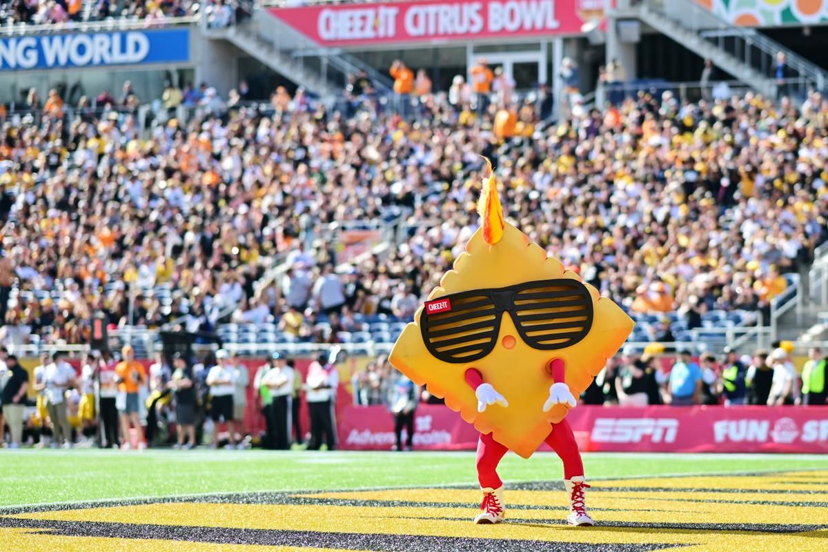 Ched-Z the Cheez-It Citrus Bowl mascot looks on during the 2024 Cheez-It Citrus Bowl between the Iowa Hawkeyes and the Tennessee Volunteers at Camping World Stadium on Jan. 1, 2024, in Orlando, Fla. (Julio Aguilar/Getty Images)