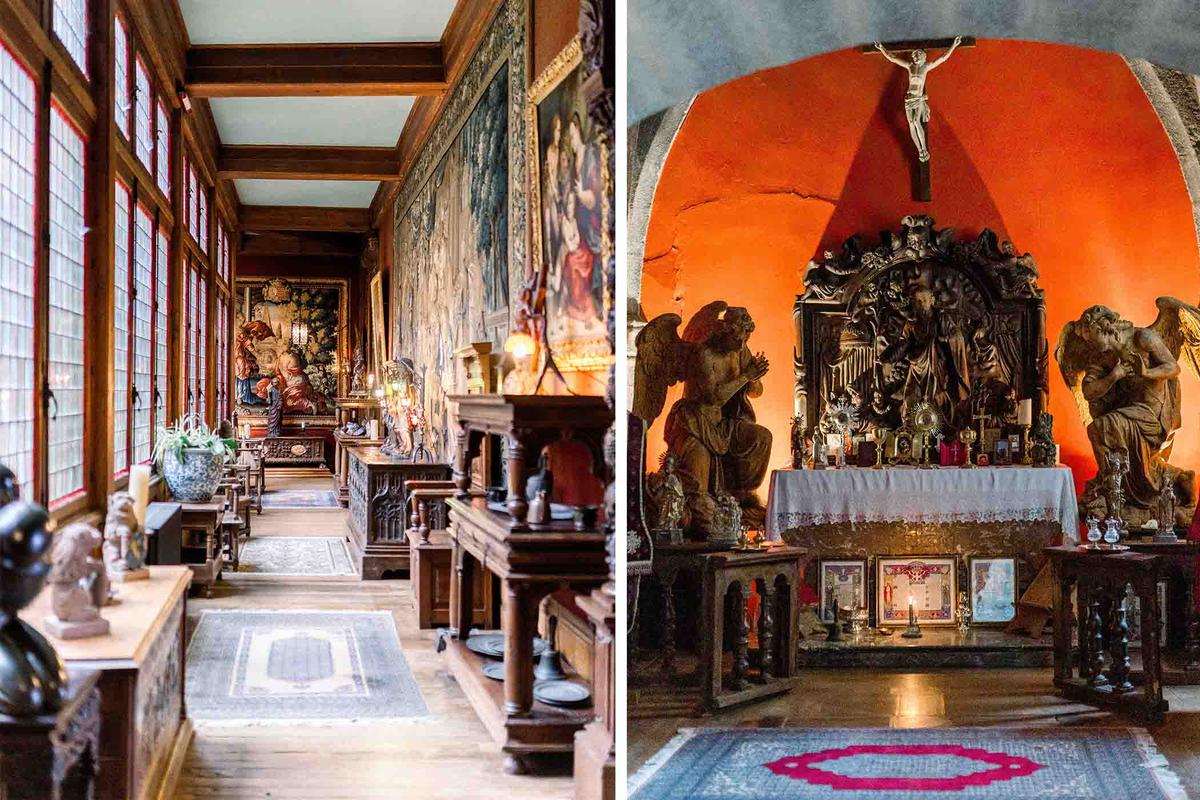 (Left) The gallery, enclosed by stained glass inside the walls of Château de Bonneval; (Right) The Chapel features wooden angels sculpted by Bouchardon. (Courtesy of Aude Lucas Fine Art Wedding Photography)