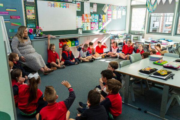 Grade two students enjoy returning to the classroom at Lysterfield Primary School on October 12, 2020 in Melbourne, Australia. (Daniel Pockett/Getty Images)