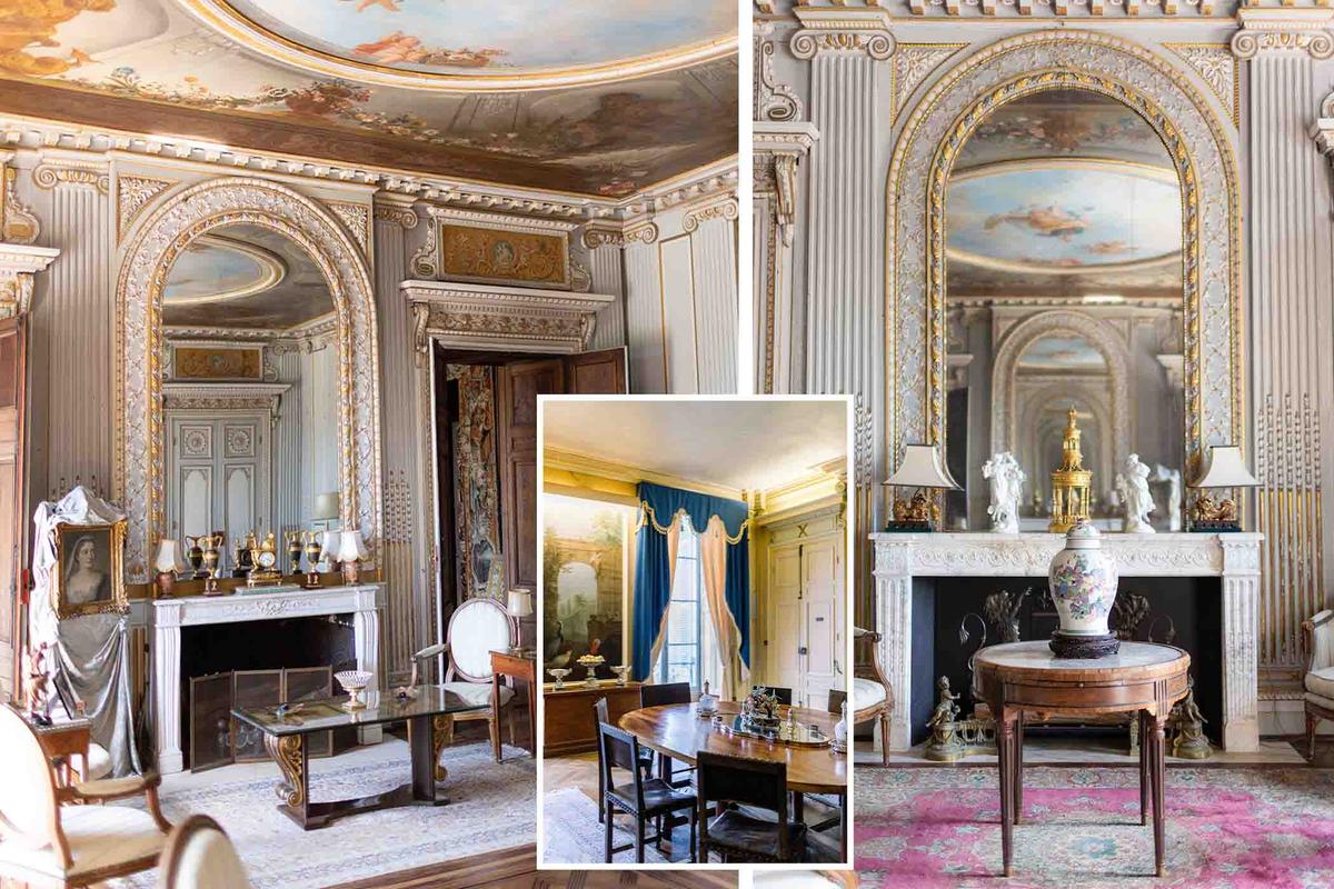 The Grand Salon, designed and decorated by Hippolyte de Bonneval (Courtesy of Anneli Marinovich); (Inset) The chateau dining room. (Courtesy of Aude Lucas Fine Art Wedding Photography)