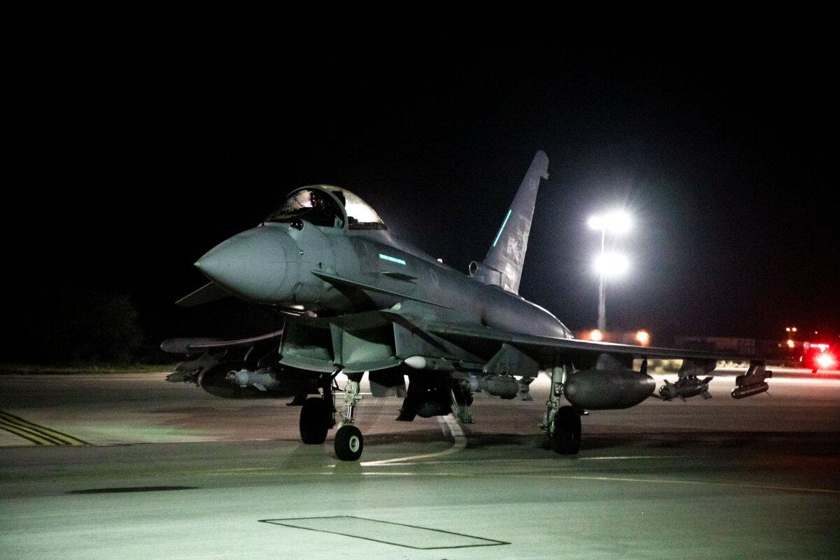 An RAF Typhoon FGR4 aircraft prepares to take off to conduct further strikes against Houthi military targets in Yemen, from RAF Akrotiri in Cyprus on Feb. 3, 2024. (Cpl Samantha Drummee/Ministry of Defence via AP)