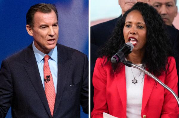 (Left) Rep. Tom Suozzi (D-NY) debates in the race for governor at the studios of WNBC4-TV in New York, on June 16, 2022. (Right) Nassau County legislator Mazi Melesa Pilip speaks during a press conference at American Legion Post 1066 in Massapequa, New York, on Dec. 15, 2023. (Craig Ruttle-Pool/Getty Images; Adam Gray/Getty Images)