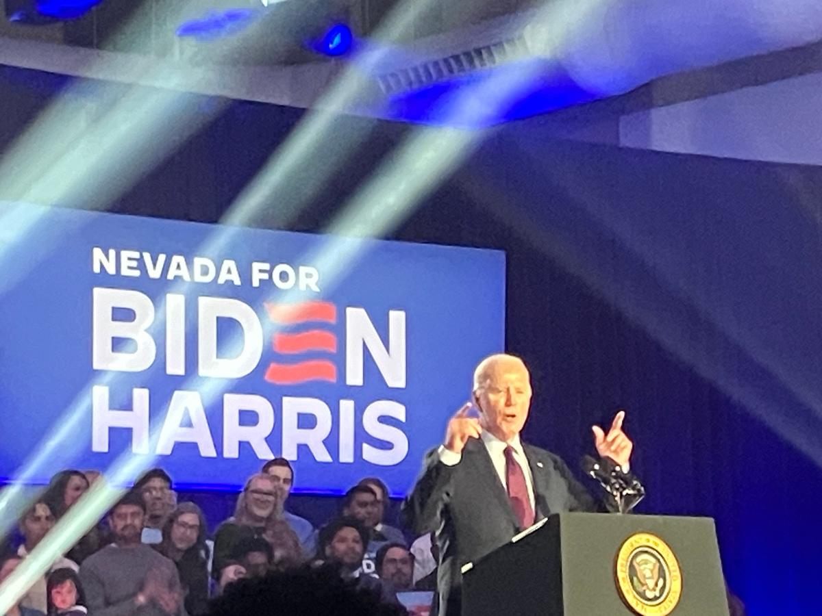 President Joe Biden delivers a campaign speech aimed at black, Hispanic, and union voters on the historic West Side of Las Vegas, Nev., on Feb. 4, 2024. (Janice Hisle/The Epoch Times)