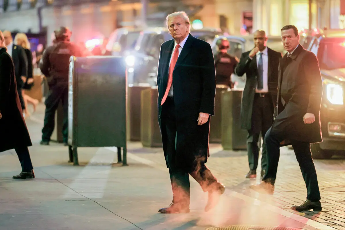 President Donald Trump arrives for a press conference on the second day of his defamation trial involving E. Jean Carrol in New York on Jan. 17, 2024. (Michael M. Santiago/Getty Images)