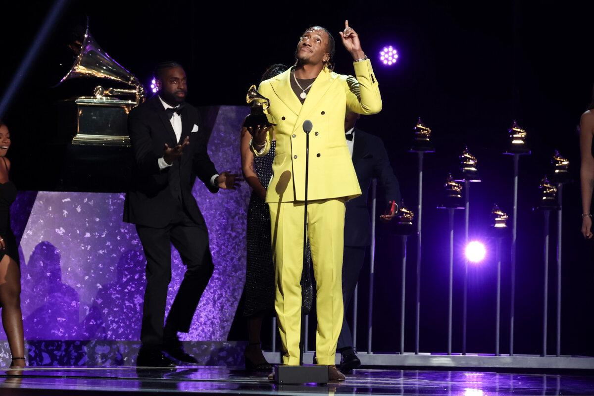 Lecrae accepts the "Best Contemporary Christian Music Album" award for "Chruch Clothes" onstage during the 66th Grammy Awards at Peacock Theater in Los Angeles, Calif., on Feb. 4, 2024. (Leon Bennett/Getty Images for The Recording Academy)