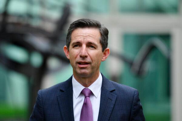 Australian Shadow Home Affairs Minister Simon Birmingham at a press conference at Parliament House in Canberra, Australia, on May 13, 2021. (AAP Image/Mick Tsikas)