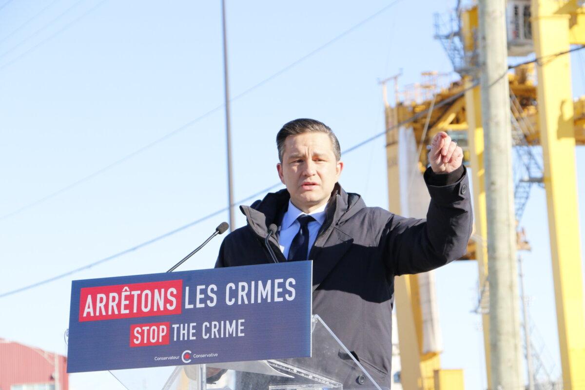 Conservative Party Leader Pierre Poilievre speaks to reporters next to the Port of Montreal on Feb. 6, 2024. (The Epoch Times/Noé Chartier)