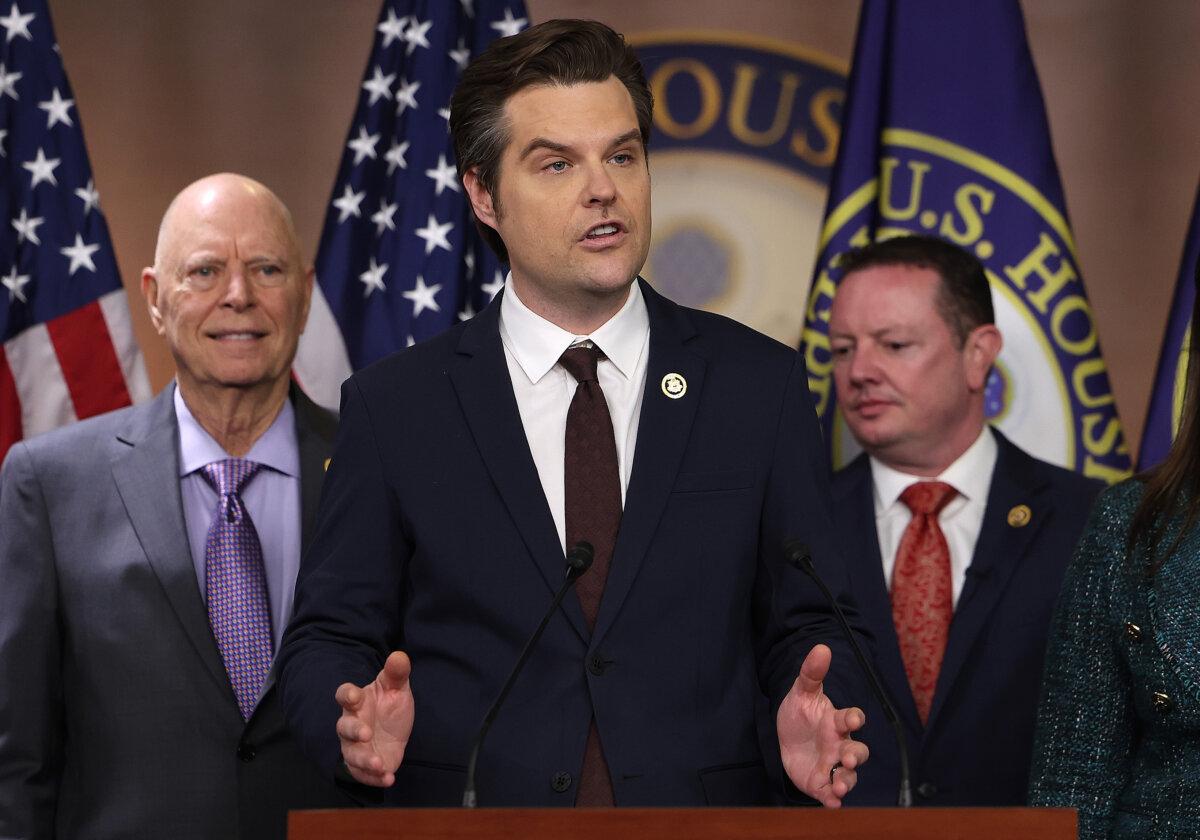 Rep. Matt Gaetz (R-Fla.), joined by fellow Republicans, speaks on former President Donald Trump's involvement with Jan. 6 during a press conference at the U.S. Capitol in Washington on Feb. 6, 2024. (Kevin Dietsch/Getty Images)