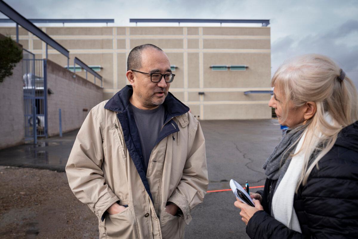 Hanbing Wang, 57, speaks with The Epoch Times after casting his vote in the primary election at the Desert Breeze Community Center in Spring Valley, Nev., on Feb. 6, 2024. (Madalina Vasiliu/The Epoch Times)