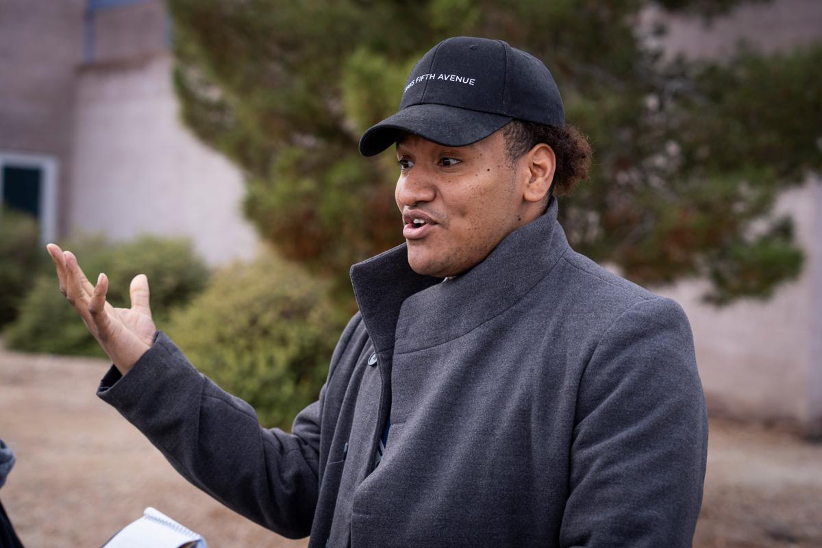 Joseph Camel, 36, speaks with The Epoch Times after casting his vote in the primary election at the Desert Breeze Community Center in Spring Valley, Nev., on Feb. 6, 2024. (Madalina Vasiliu/The Epoch Times)