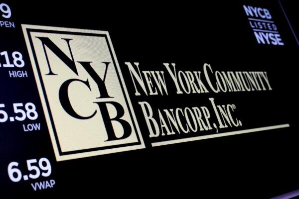 A screen displays the trading information for New York Community Bancorp on the floor at the New York Stock Exchange (NYSE) in New York, on Jan. 31, 2024. (Brendan McDermid/Reuters)