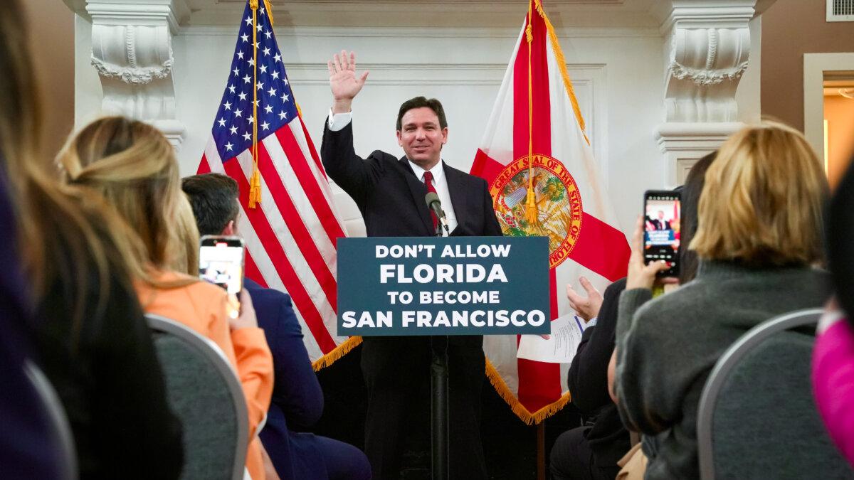 Florida Gov. Ron DeSantis speaks about legislation he's proposing to combat homelessness during a press conference in Miami Beach, Fla., on Feb. 5, 2024. (Courtesy of the Office of the Florida Governor)