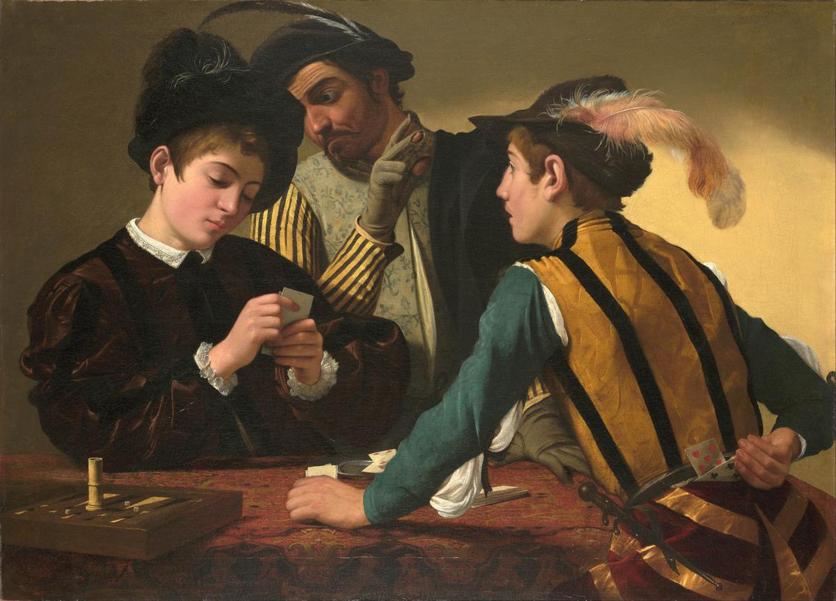 "The Cardsharps," circa 1595, by Caravaggio. Oil on canvas; 37 inches by 51 1/2 inches. Kimbell Art Museum, Forth Worth, Texas. (Public Domain)