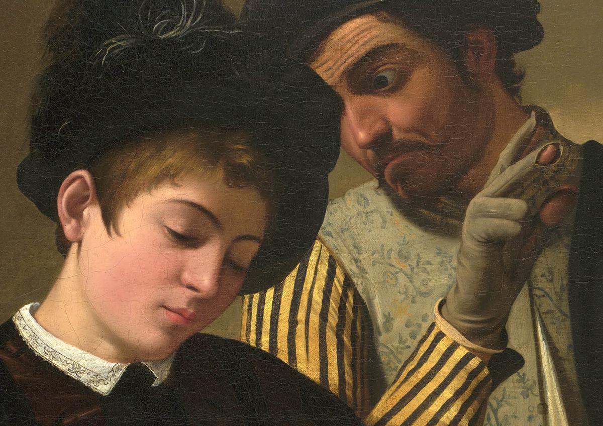 A detail of the painting techniques Caravaggio used for the dupe's collar and the cardsharp's silk brocade from "The Cardsharps." (Public Domain)