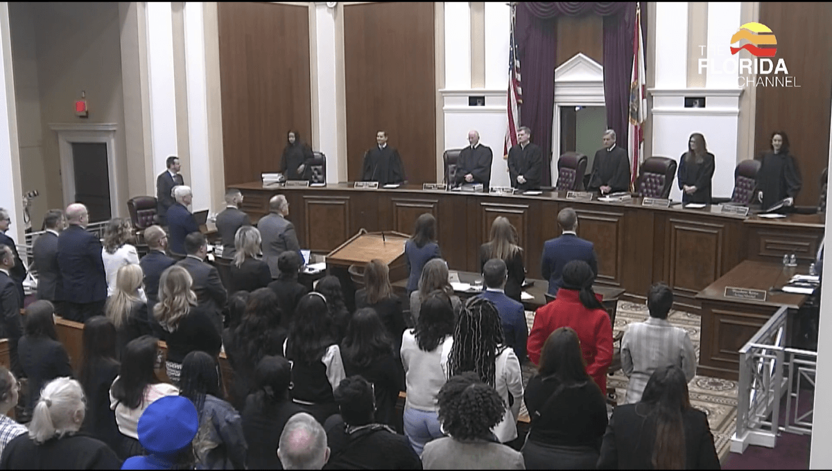 The Florida Supreme Court gathers to hear oral arguments for and against a citizen initiative to put a pro-abortion amendment on the November ballot in Tallahassee, Fla., on Feb. 7, 2024 (Courtesy of The Florida Channel).