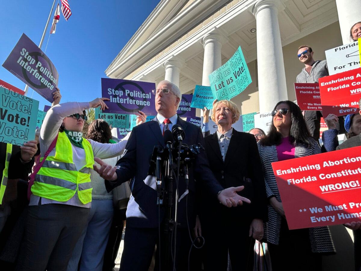 Mathew Staver, founder and chairman of Liberty Counsel, speaks to reporters in front of the Florida Supreme Court after telling justices a proposed amendment to protect abortion rights should be kept off the ballot, in Tallahassee, Fla., on Feb. 7, 2024. (Brendan Farrington/AP Photo)