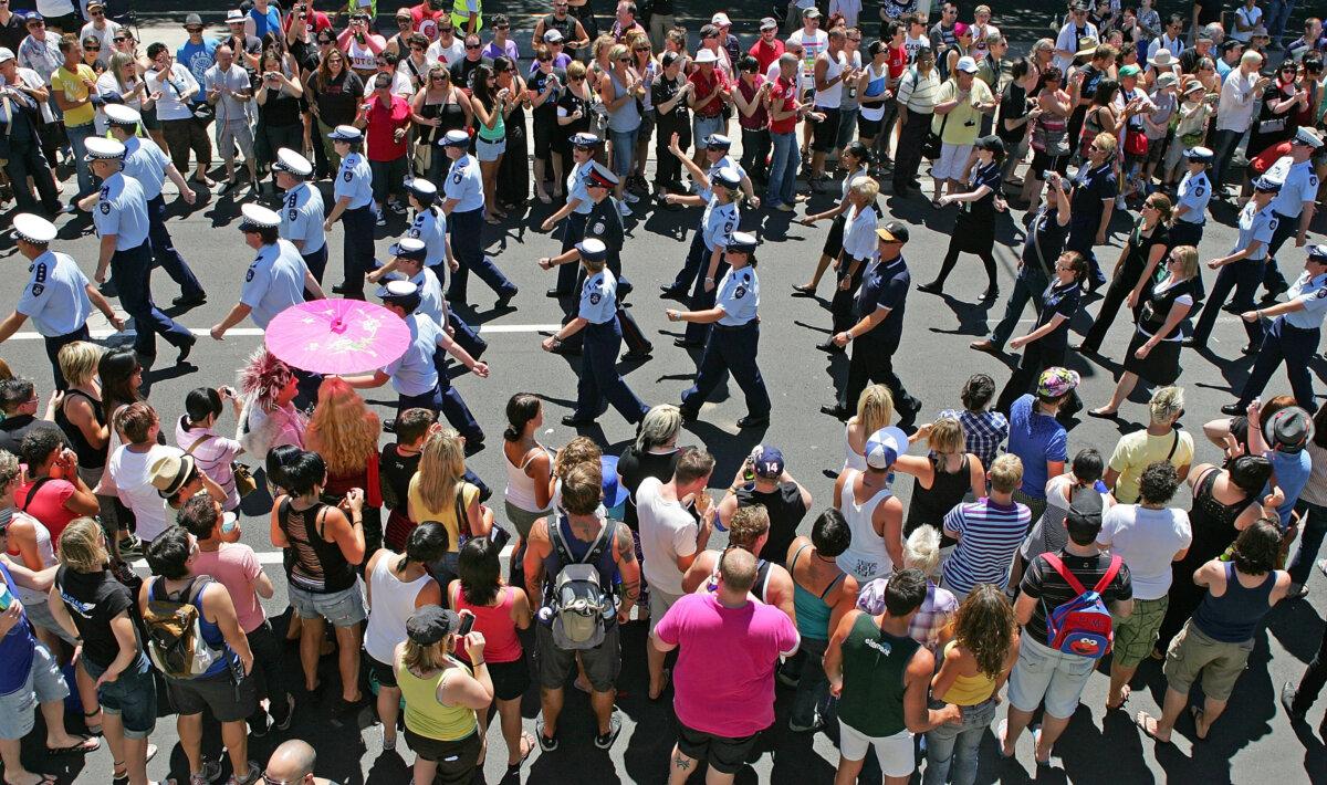 Members of Victoria Police parade down Fitzroy Street during the 15th annual Gay Pride march through the streets of Melbourne, Australia on Feb. 7, 2010. (Scott Barbour/Getty Images)