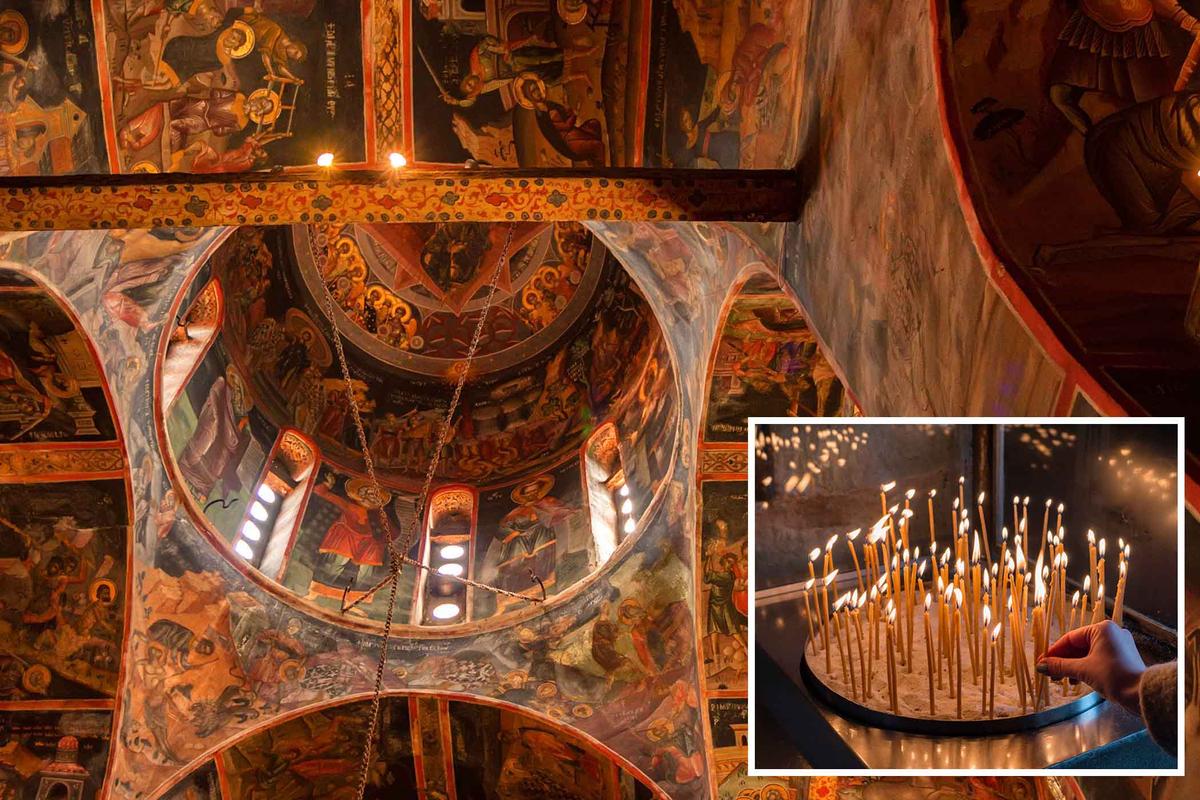 The interior of Varlaam Monastery; (Inset) A visitor lights a candle. (Yakov Oskanov/Shutterstock; Inset: smoxx/Shutterstock)