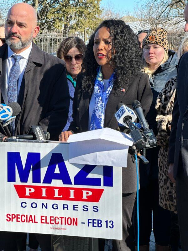 Mazi Pilip announces an endorsement from the National Border Patrol Council at a press conference in Queens Village, New York, on Feb. 7, 2024. (Courtesy of Juliette Fairley)