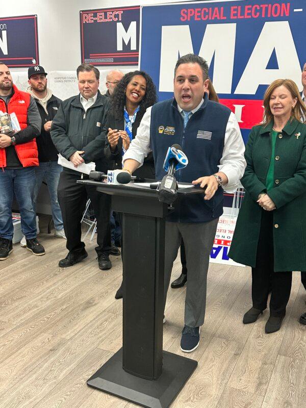 Congressman Anthony D'Esposito supports candidate Mazi Pilip at GOP club in Franklin Square, New York, on Feb. 7, 2024 (Courtesy of Juliette Fairley)