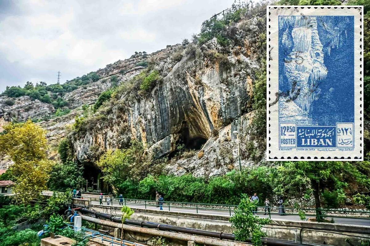 Entrance to Jeita Grotto, in Lebanon (AlexelA/Shutterstock); (Inset) A stamp printed in Lebanon shows Jeita Grotto, circa 1955. (IgorGolovniov/Shutterstock)