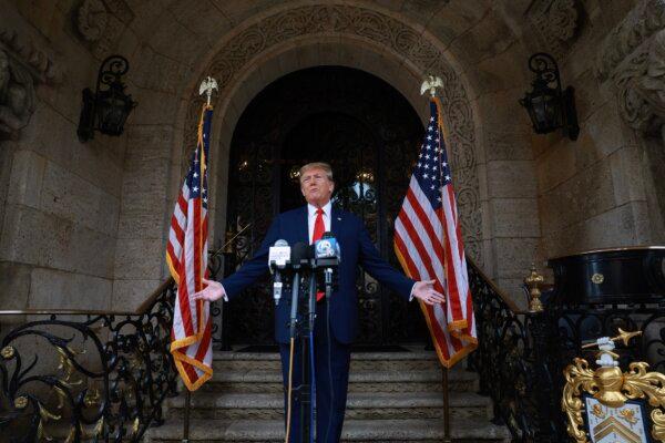 Former President Donald Trump speaks during a press conference at Mar-a-Lago in Palm Beach, Fla., on Feb. 8, 2024. (Joe Raedle/Getty Images)