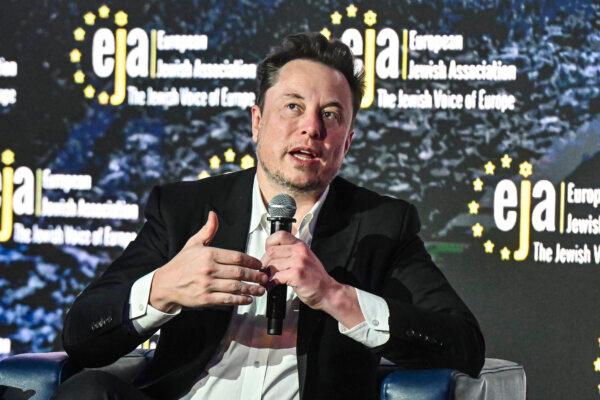 Elon Musk speaks during a live interview with Ben Shapiro at the symposium on fighting antisemitism in Krakow, Poland, on Jan. 22, 2024. (Omar Marques/Getty Images)