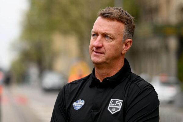 Los Angeles Kings General Manager Rob Blake watches on during a NHL International Series Media Opportunity at Parliament House in Melbourne, Australia, on Sept. 18, 2023. (Morgan Hancock/Getty Images)