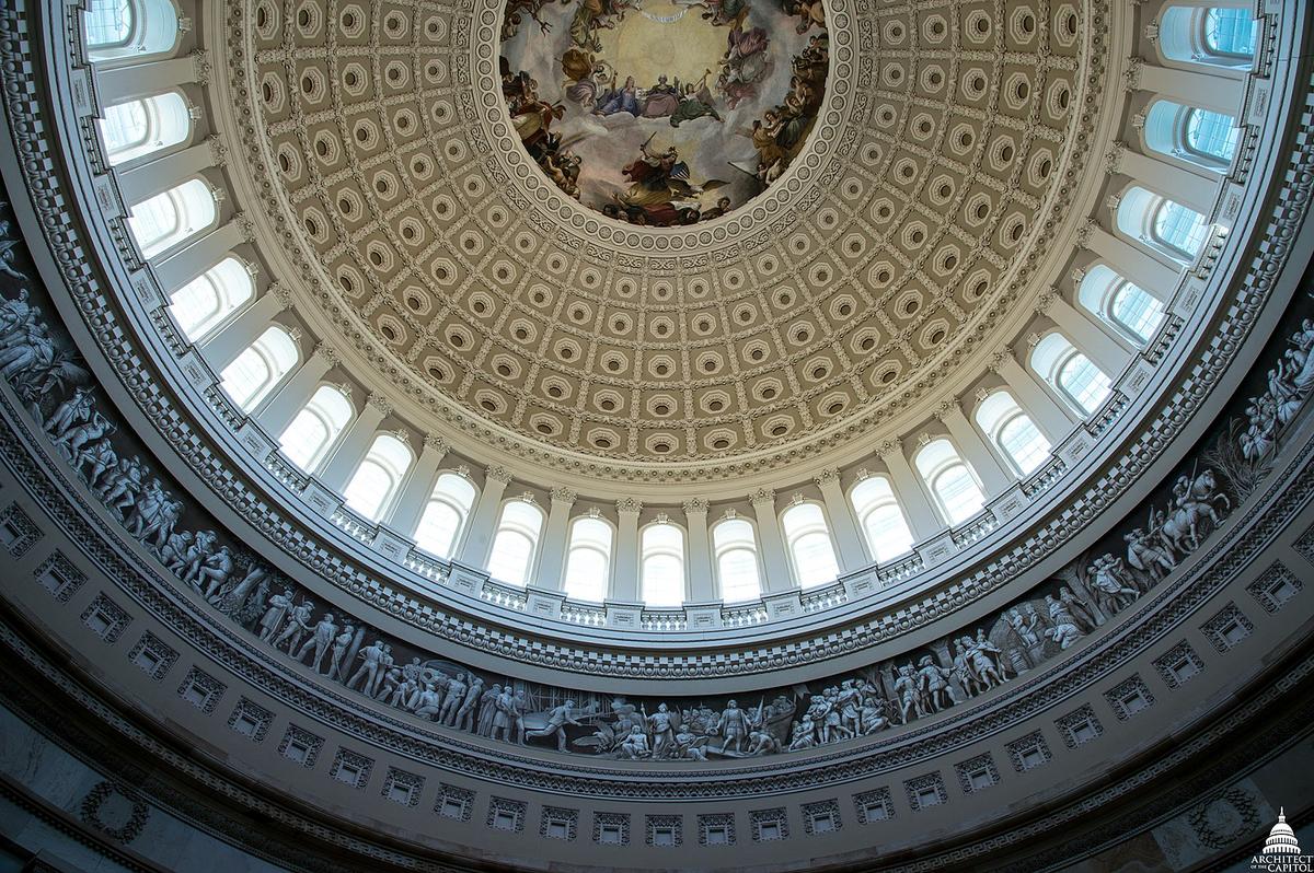 A partial view of the Capitol rotunda's frieze, which wraps around the interior of the building. (Public Domain)