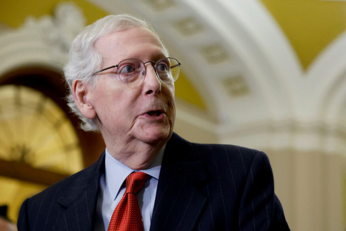 U.S. Senate Minority Leader Mitch McConnell (R-Ky.) speaks at a news conference after a weekly policy luncheon with Senate Republicans at the U.S. Capitol Building in Washington on Feb. 6, 2024. (Anna Moneymaker/Getty Images)