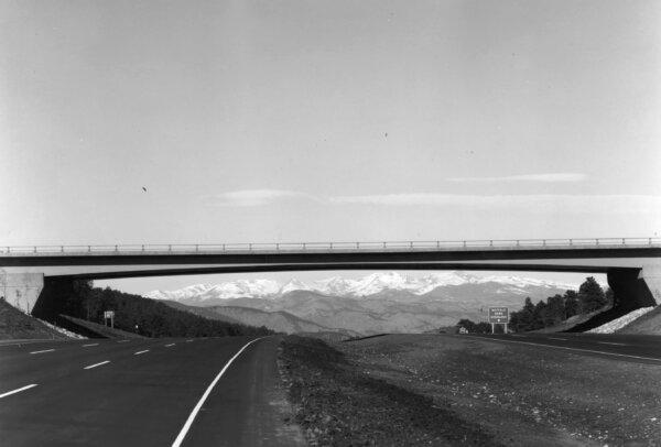 The Genesee bridge, over Interstate 70 near Genesee, Colorado, taken in 1970, when this segment of I-70 opened to traffic, showing a straight-on view of the Continental Divide. (Provided by the Colorado Department of Transportation/TNS)