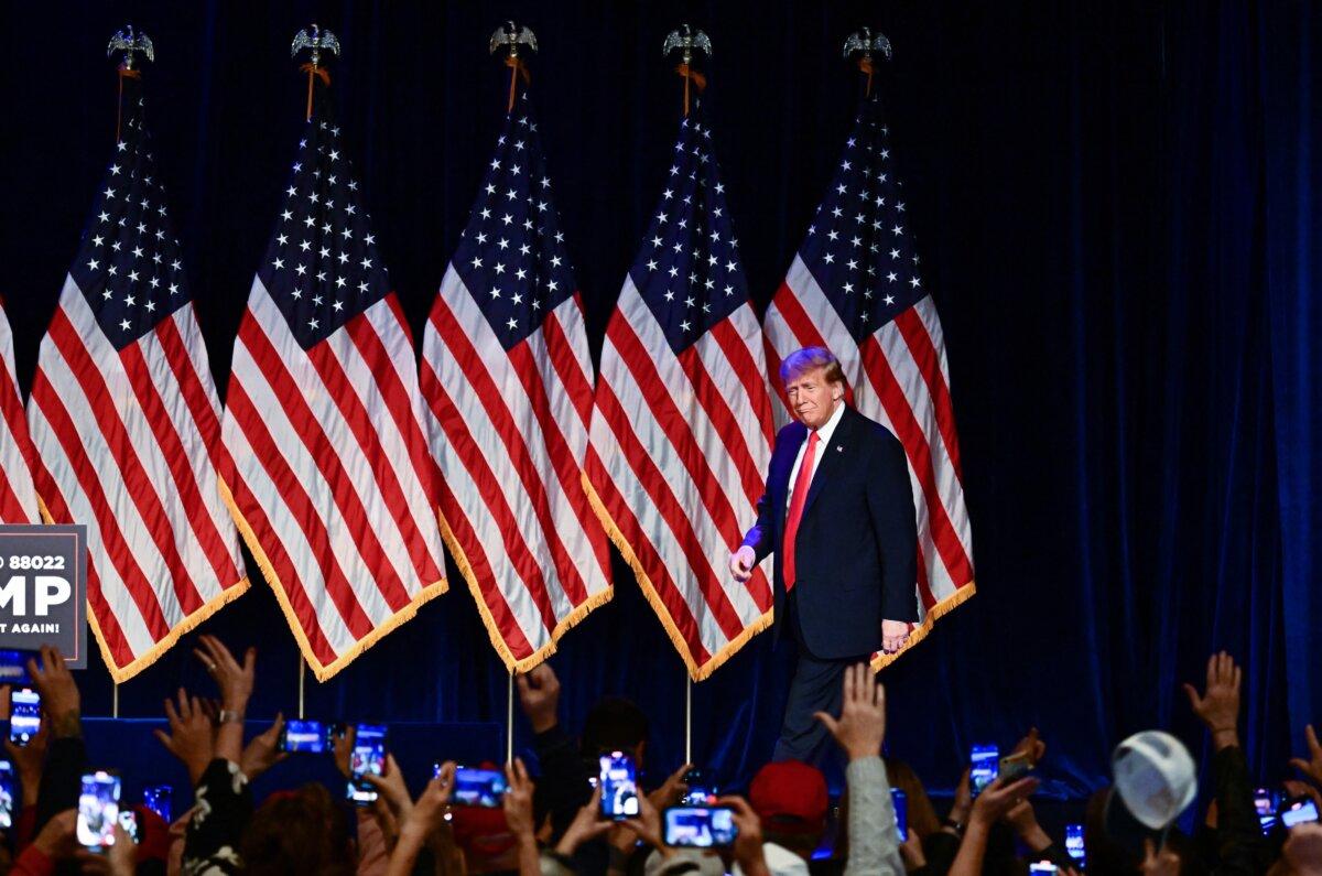 Former President and 2024 presidential hopeful Donald Trump arrives to speak during a caucus night watch party in Las Vegas on Feb. 8, 2024. (Patrick T. Fallon/AFP via Getty Images)