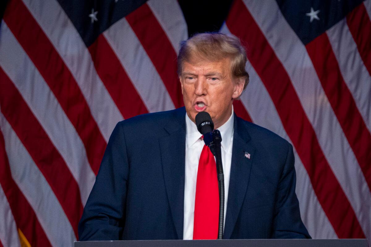 Former President Donald Trump speaks at Treasure Island Resort & Casino after Nevada caucus results in Las Vegas, Nev., on Feb. 8, 2024. (Madalina Vasiliu/The Epoch Times)
