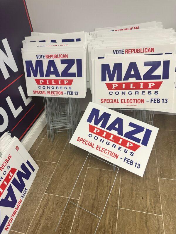 Mazi Pilip yard signs at the GOP Club in Franklin Square, New York, on Feb. 8, 2023 (Courtesy of Juliette Fairley)