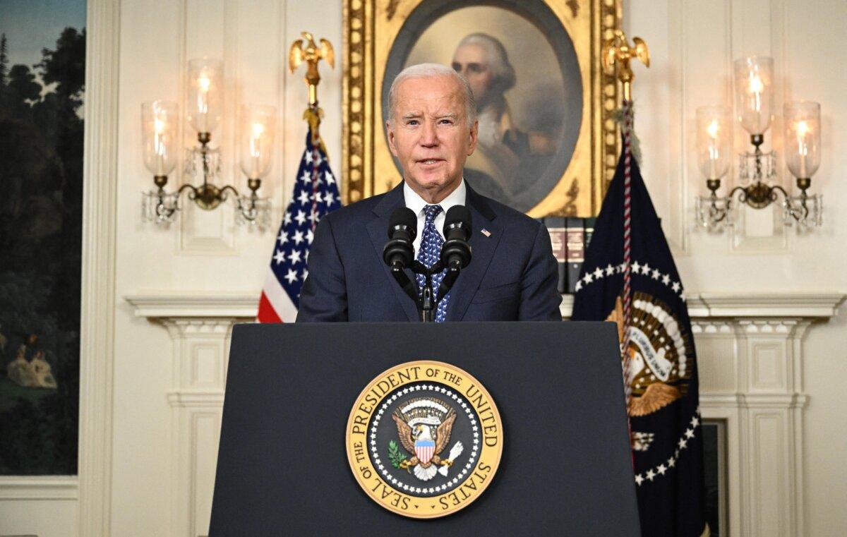 President Joe Biden speaks about special counsel Robert Hur’s report on his mishandling of classified documents in the Diplomatic Reception Room of the White House on Feb. 8, 2024. (Mandel Ngan/AFP via Getty Images)