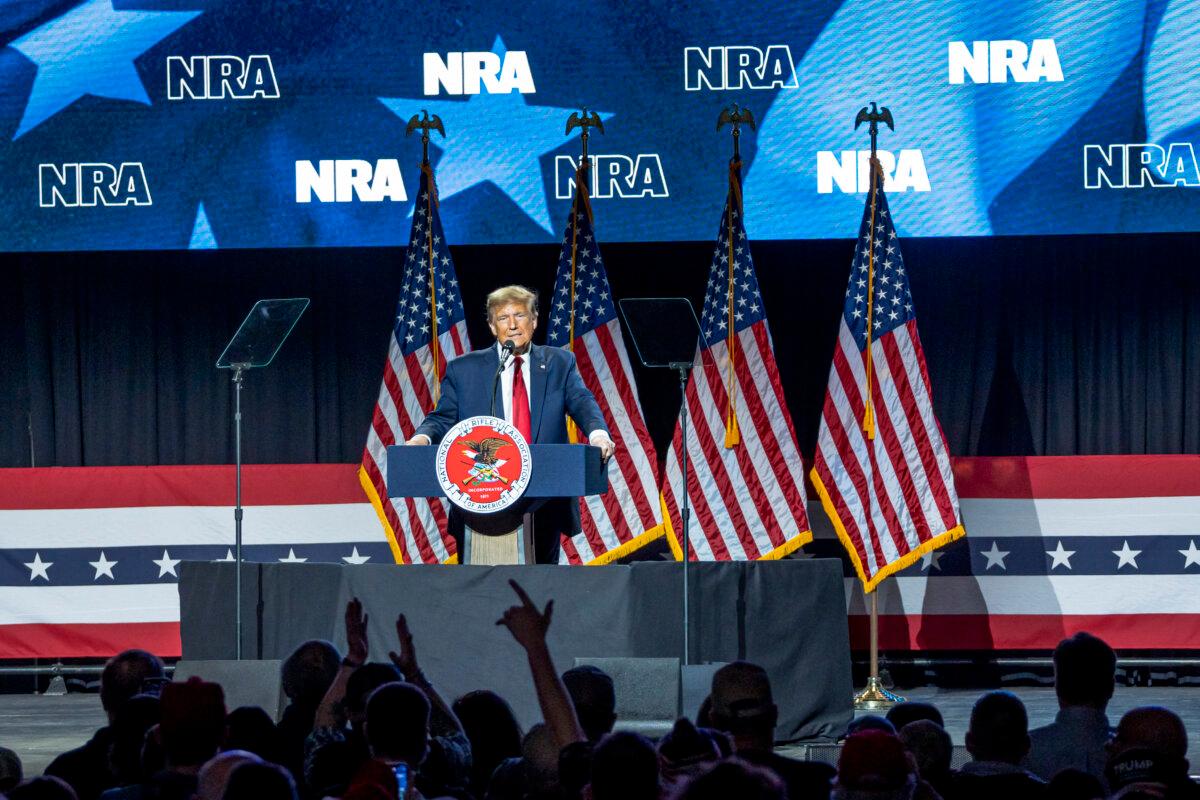 Former President Donald J. Trump speaks at a National Rifle Association gathering in Harrisburg, Pa., on Feb. 9, 2024. (Madalina Vasiliu/The Epoch Times)