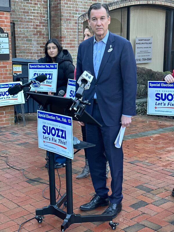 Tom Suozzi at his Feb. 9, 2024 press conference after early voting at Glen Cove City Hall (Courtesy of Juliette Fairley)