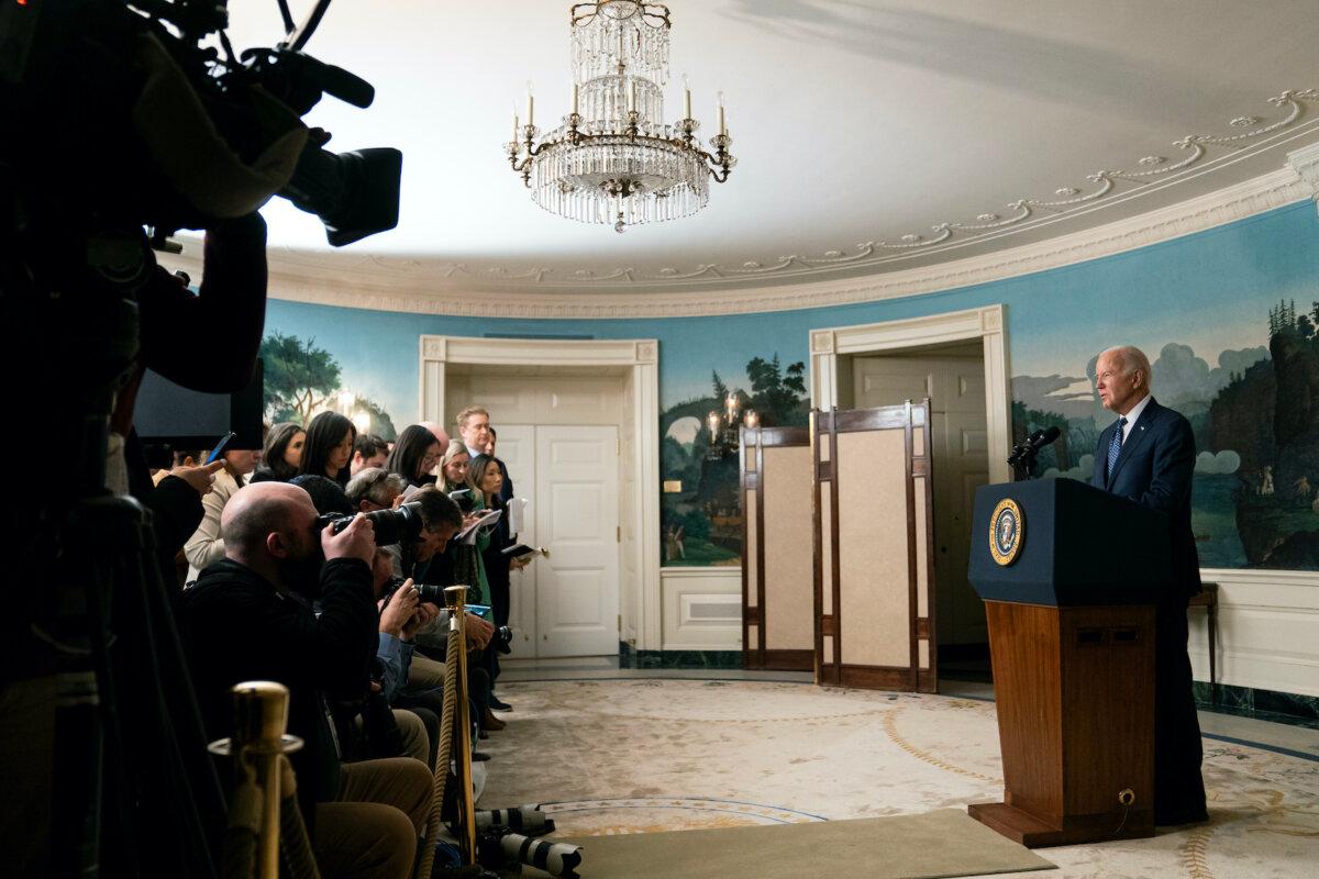 U.S. President Joe Biden delivers remarks in the Diplomatic Reception Room of the White House on Feb. 8, 2024. (Nathan Howard/Getty Images)