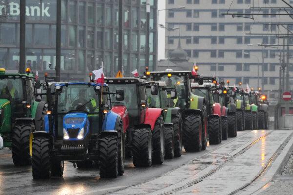 Farmers drive tractors into the city as part of a farmer protest against the EU's agrarian policy and imports of cheap Ukrainian produce, in Poznan, Poland, on Feb. 9, 2024. (Czarek Sokolowski/AP Photo)