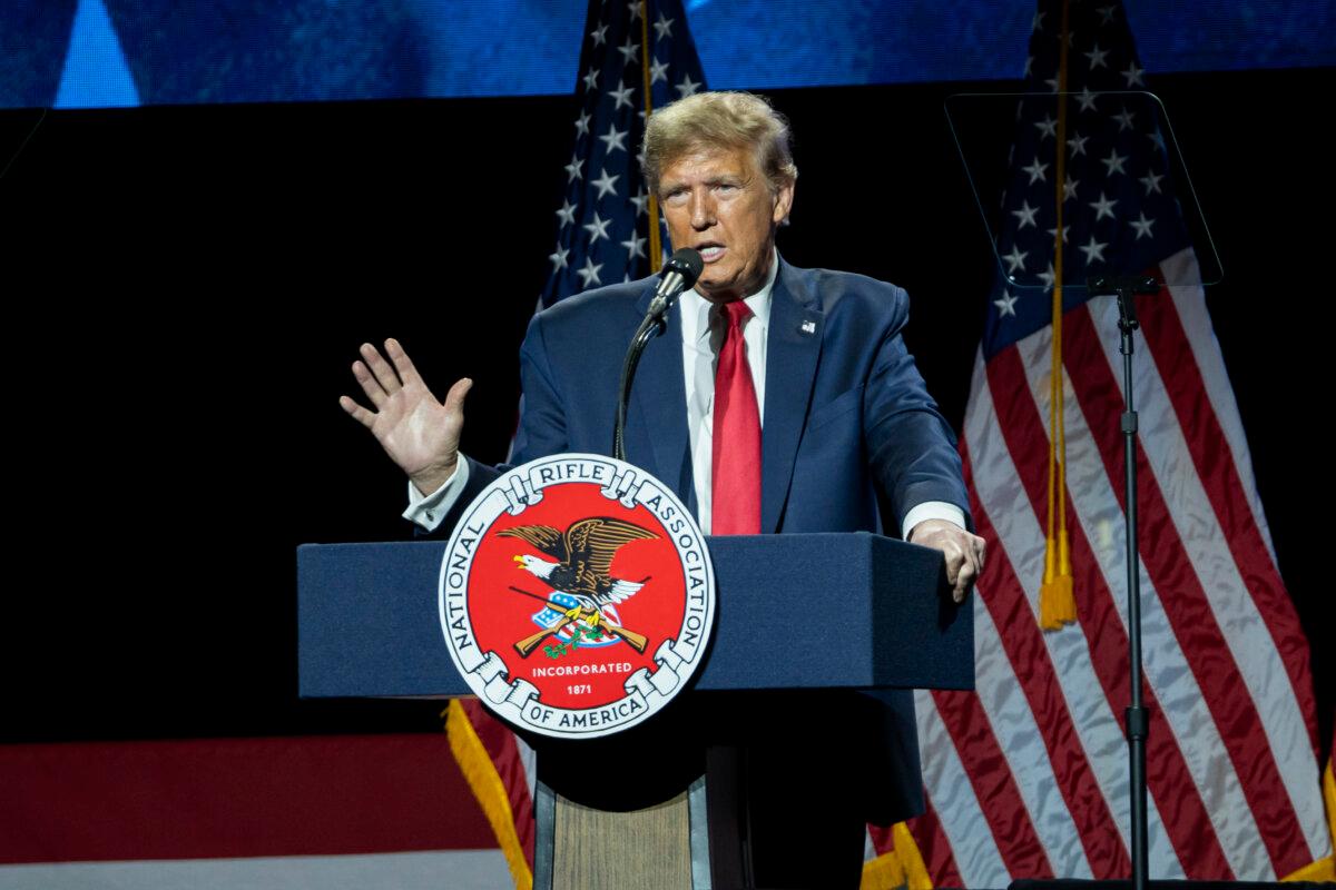Former President Donald J. Trump speaks at the National Rifle Association in Harrisburg, Pa., on Feb. 9, 2024. (Madalina Vasiliu/The Epoch Times)
