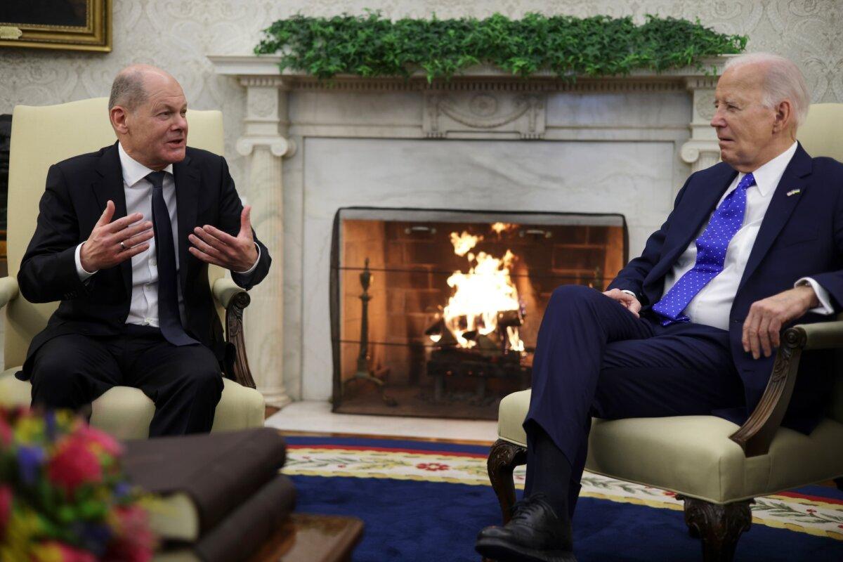 President Joe Biden (R) participates in a meeting with German Chancellor Olaf Scholz (L) at the Oval Office of the White House, in Washington, on Feb. 9, 2024. (Alex Wong/Getty Images)