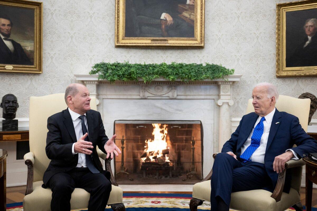 President Joe Biden (R) participates in a meeting with German Chancellor Olaf Scholz at the Oval Office on Feb. 9, 2024. (Alex Wong/Getty Images)