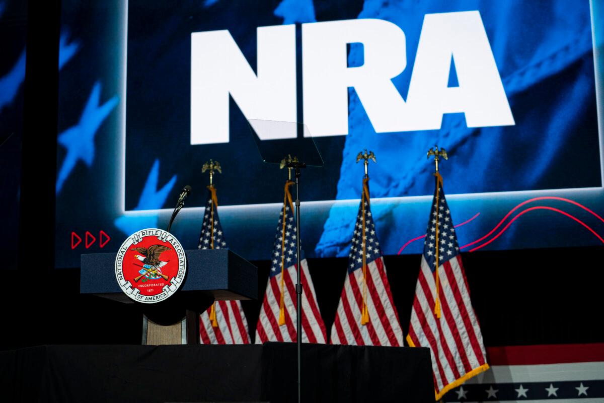 The stage for the National Rifle Association Presidential Forum in Harrisburg, Pa., on Feb. 9, 2024. (Madalina Vasiliu/The Epoch Times)