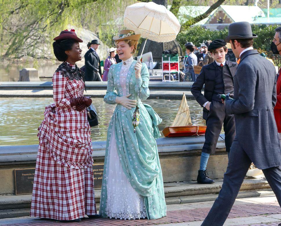 Denée Benton (L) and Louisa Jacobson on the film set of "The Gilded Age" TV series on April 8, 2021, in New York City. (Jose Perez/Bauer-Griffin)