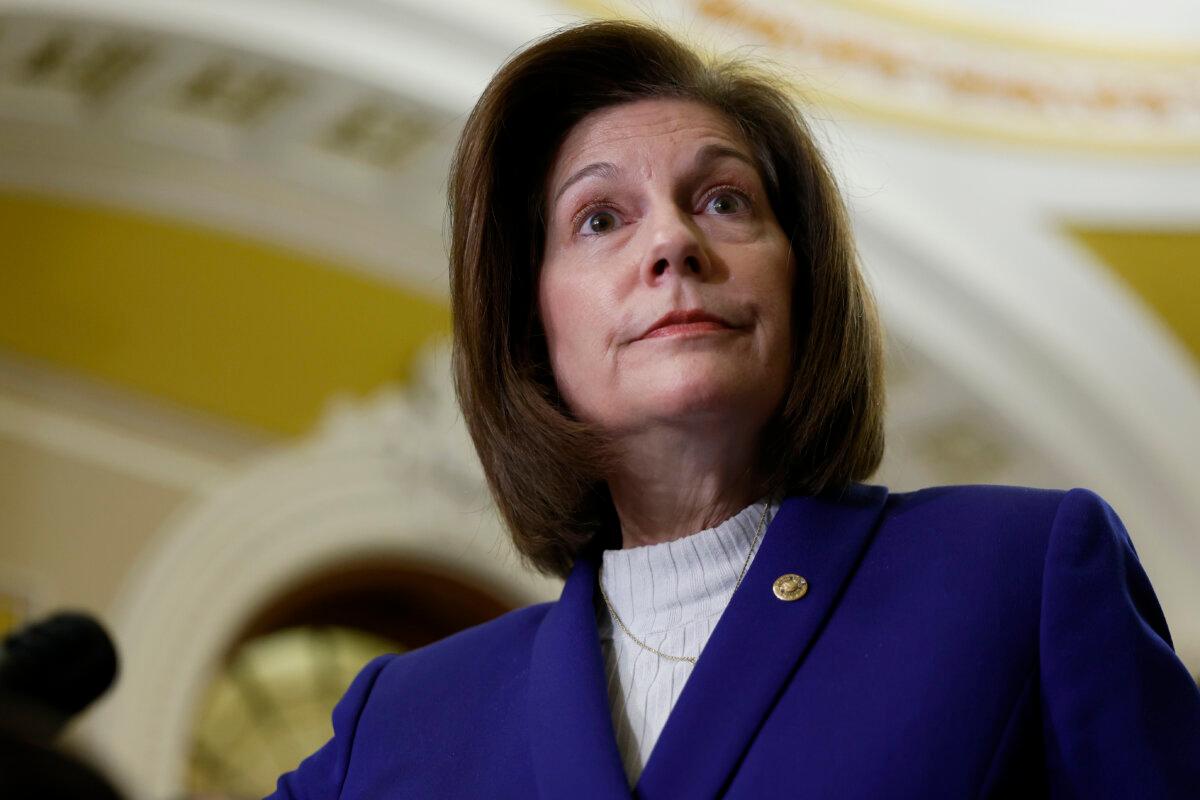 Sen. Catherine Cortez Masto (D-Nev.) speaks at a news conference after a weekly policy luncheon with Senate Democrats at the U.S. Capitol Building in Washington on Feb. 6, 2024. (Anna Moneymaker/Getty Images)