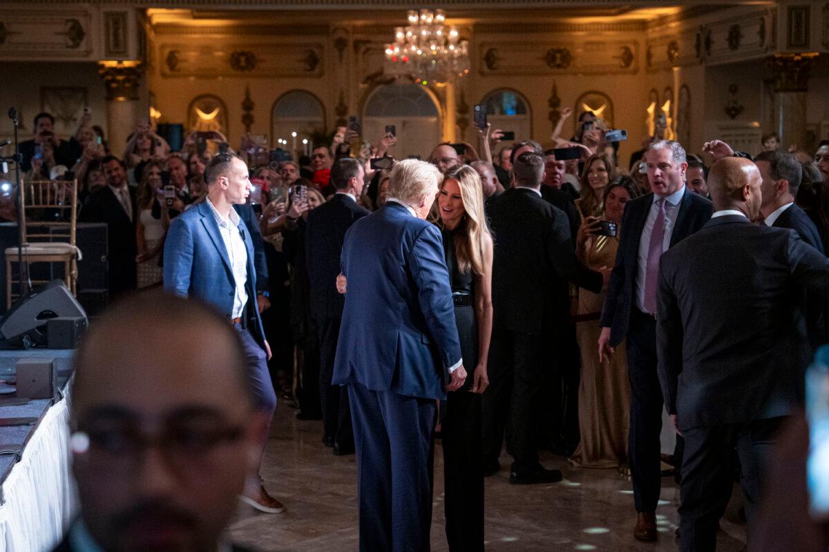 Former First Lady Melania Trump and former President Donald J. Trump attend an event organized by Trumpettes USA at the Mar-a-Lago Club in Palm Beach, Fla., on Feb. 10, 2024. (Madalina Vasiliu/The Epoch Times)