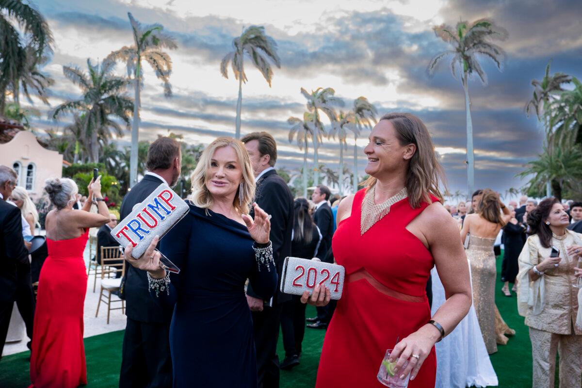 Deborah Renae (L) and Angela Houston (R), 52, both from Iowa, attend an event organized by Trumpettes USA with former President Donald J. Trump at the Mar-a-Lago Club in Palm Beach, Fla., on Feb. 10, 2024. (Madalina Vasiliu/The Epoch Times)