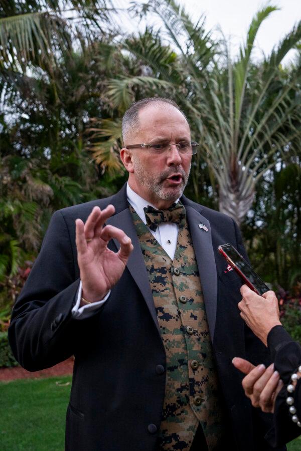 Howard Schaeffer, 55, from Lehigh Valley, Pa., speaks with The Epoch Times during an event organized by Trumpettes USA with former President Donald J. Trump at the Mar-a-Lago Club in Palm Beach, Fla., on Feb. 10, 2024. (Madalina Vasiliu/The Epoch Times)